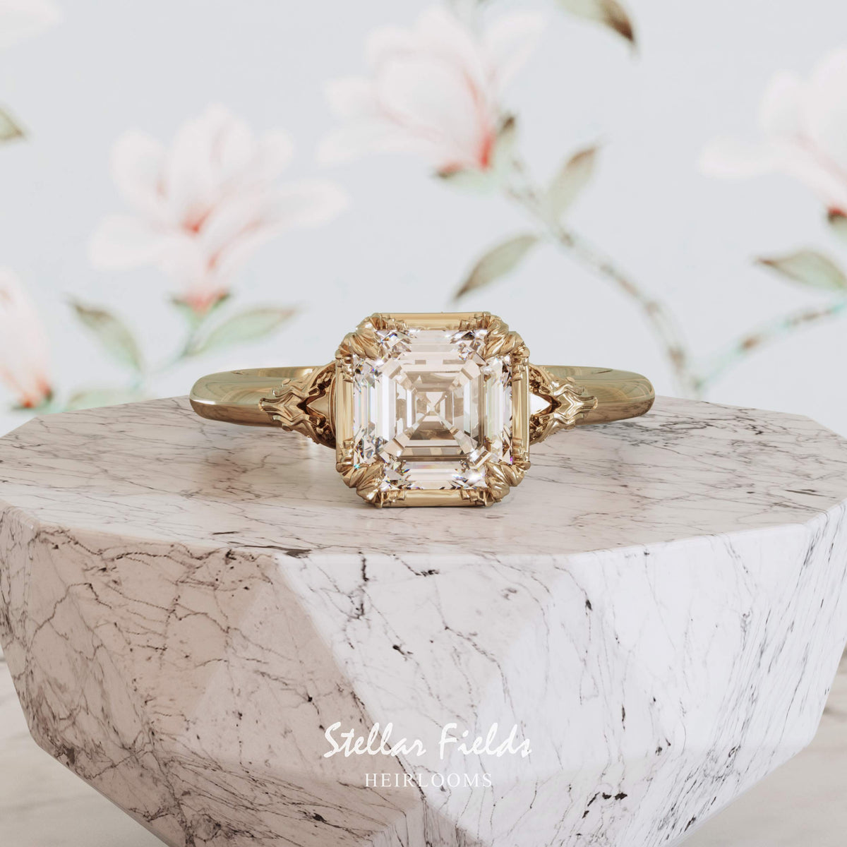 Asscher Cut Diamond Engagement Ring Vintage Nature Inspired 14k Yellow Gold Stellar Fields Jewelry